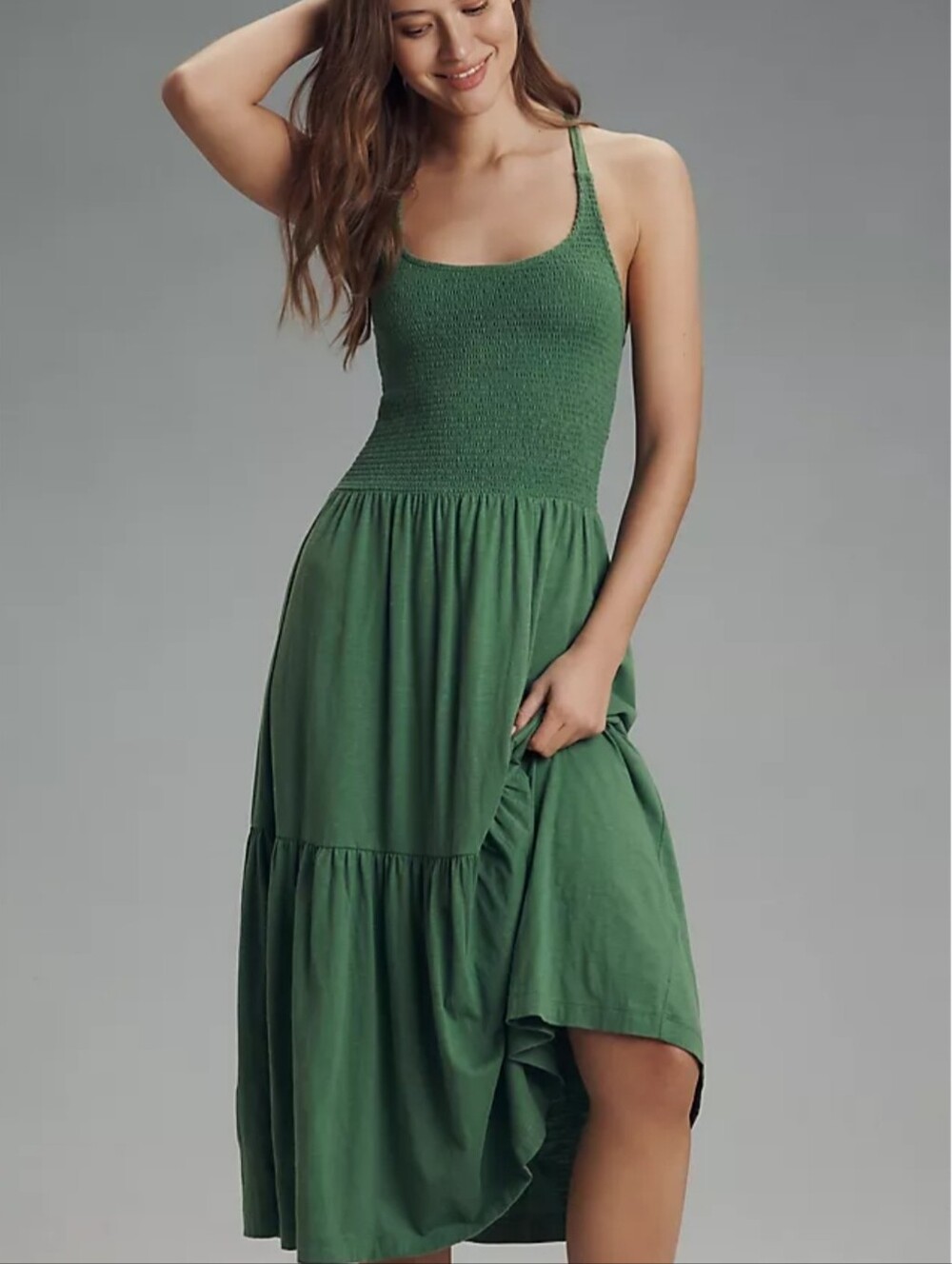 NATION Los Angeles Penelope Green 100% Pima Cotton Cross Back Smocked Midi Dress